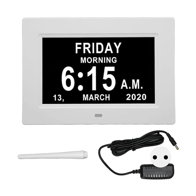 7 Inch Digital Clock, Auto Dimming, 8 Languages, Non-Abbreviated Week, Month and Date Display, for Elderly, EU Plug 110-240V