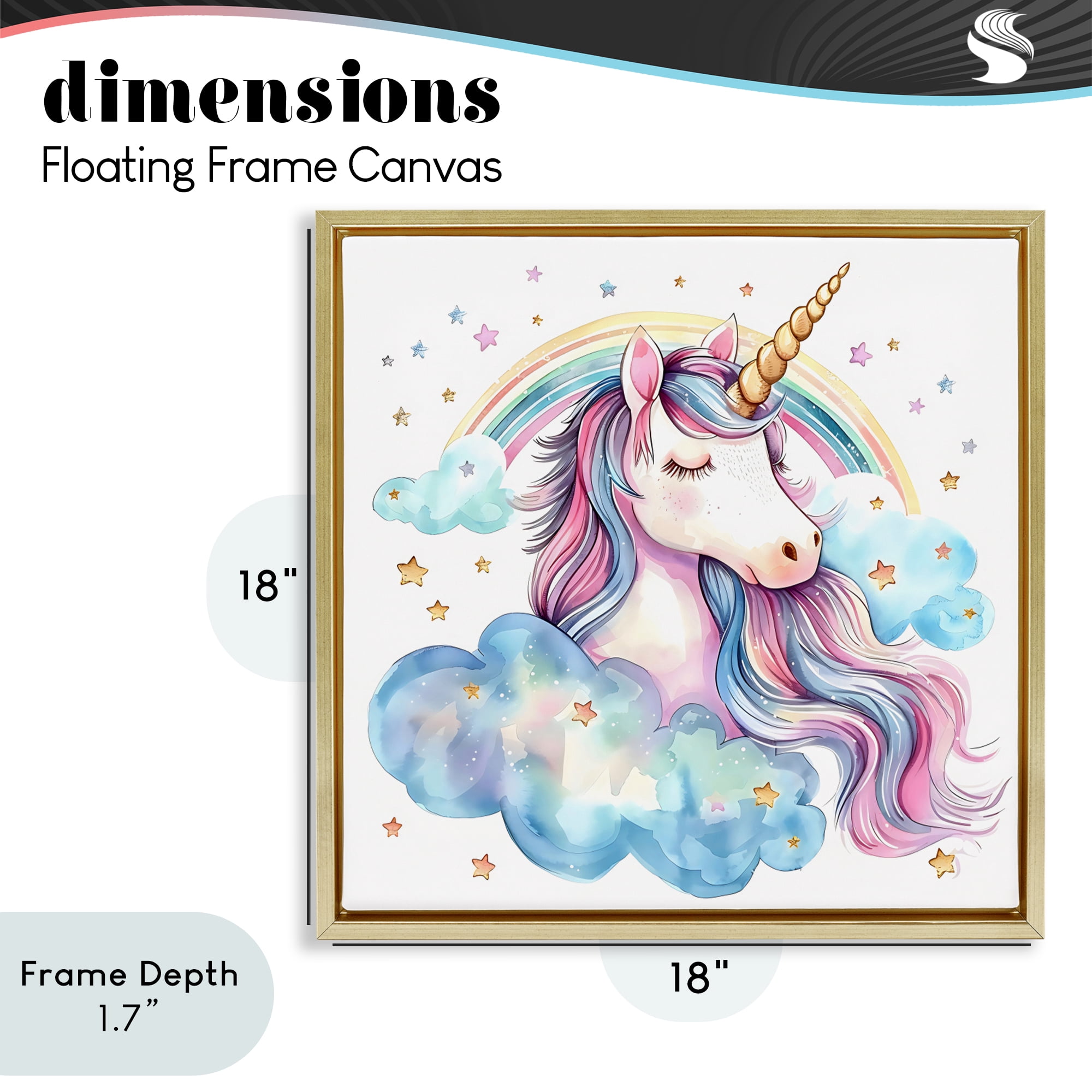 Stupell Industries Cute Happy Unicorn & Rainbow Gold Framed Floater Canvas Wall Art, design by Creative Studio