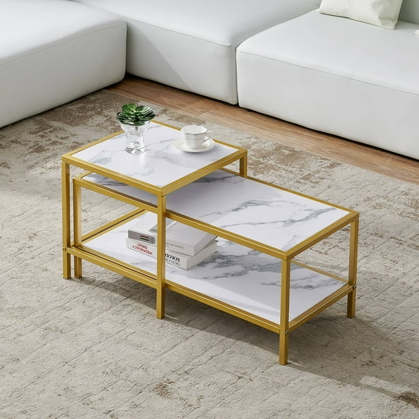 Modern Nesting Coffee Table with Square and Rectangular Wood Marble ...