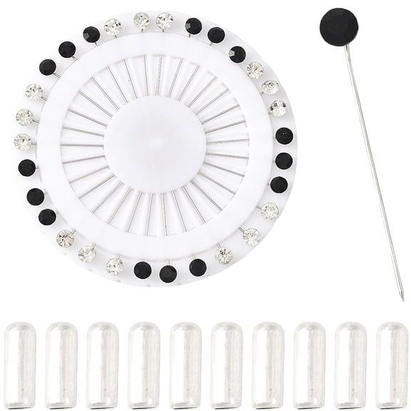 30Pcs Rhinestone Straight Pins Round Head Pin Black White Metal Iron Muslim Hijab Scarf Clothes Straight Brooch with 10Pcs Safety Caps