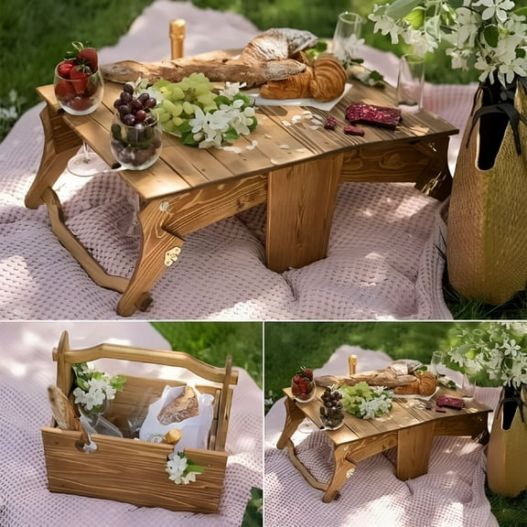 LAMIRO Foldable Wooden Picnic Basket,Portable Wine Picnic Table,2 in 1 Picnic Table,Convertible Wooden Storage Basket for Outdoor or Indoor Picnic
