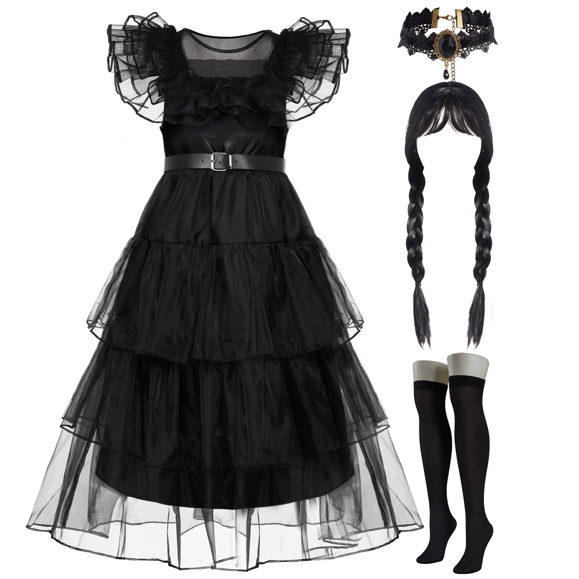 Joyfy Halloween Costume Set for Girls, Dark Vintage Prom Dress for Kids, Black Gothic Dress Costume for Halloween Cosplay Parties 5-12 Years