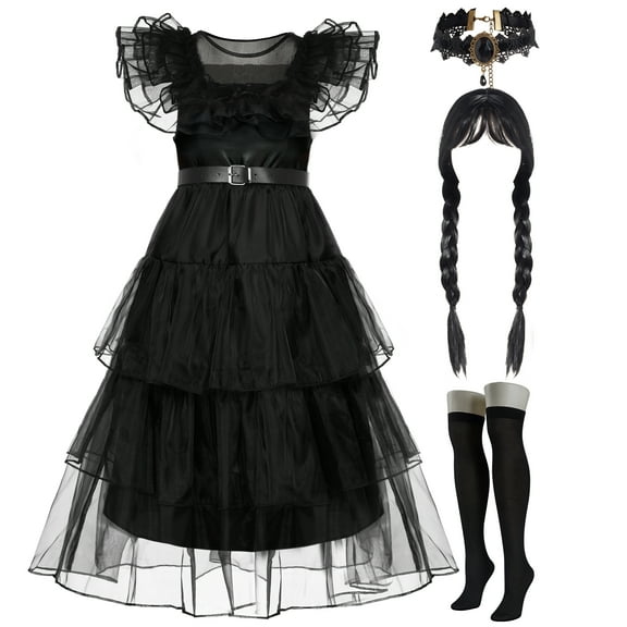 Joyfy Halloween Costume Set for Girls, Dark Vintage Prom Dress for Kids, Black Gothic Dress Costume for Halloween Cosplay Parties 5-12 Years