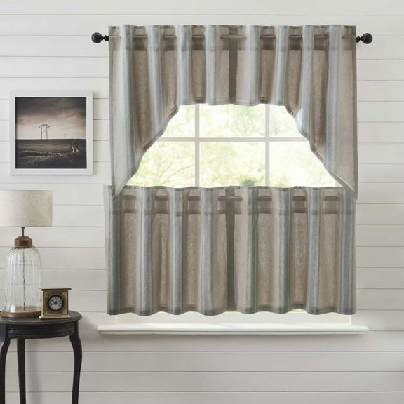 VHC Brands Grain Sack 4 PC Blue-Grey Curtain Set (2 Swag 36x16 and 2 Tier 24x36)