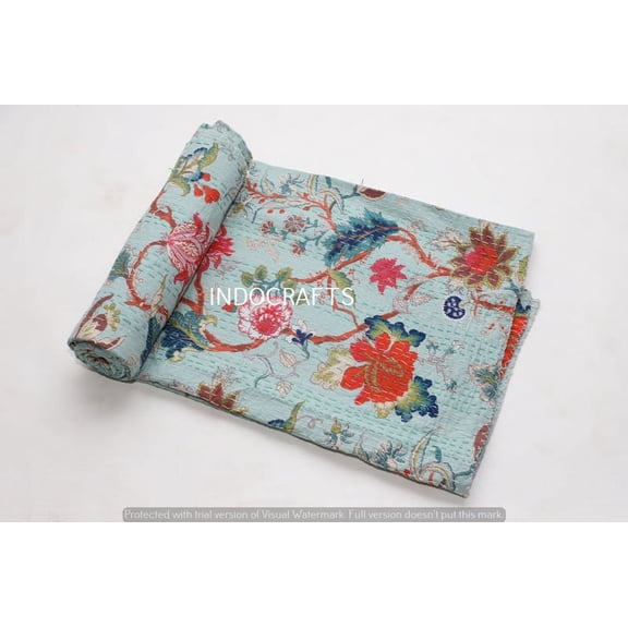 indian light green floral print cotton kantha quilt Bedding throw sofa coverlet bedspread single size Handmade vintage blanket, 60 X 90 Inche