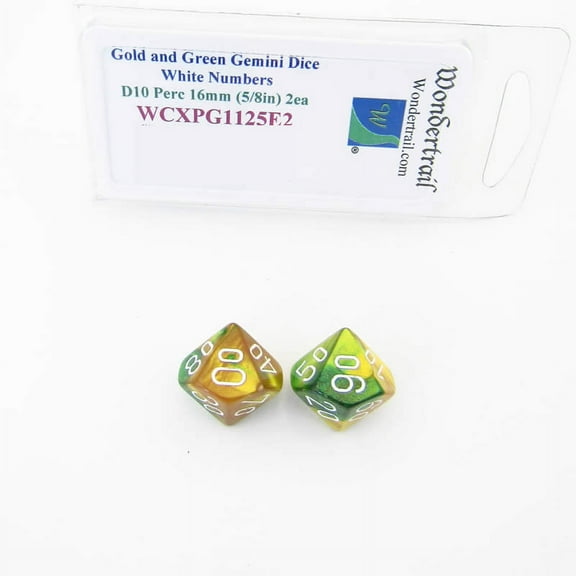 Gold and Green Gemini Dice with White Numbers 10s D10 Aprox 16mm (5/8in) Pack of 2 Wondertrail