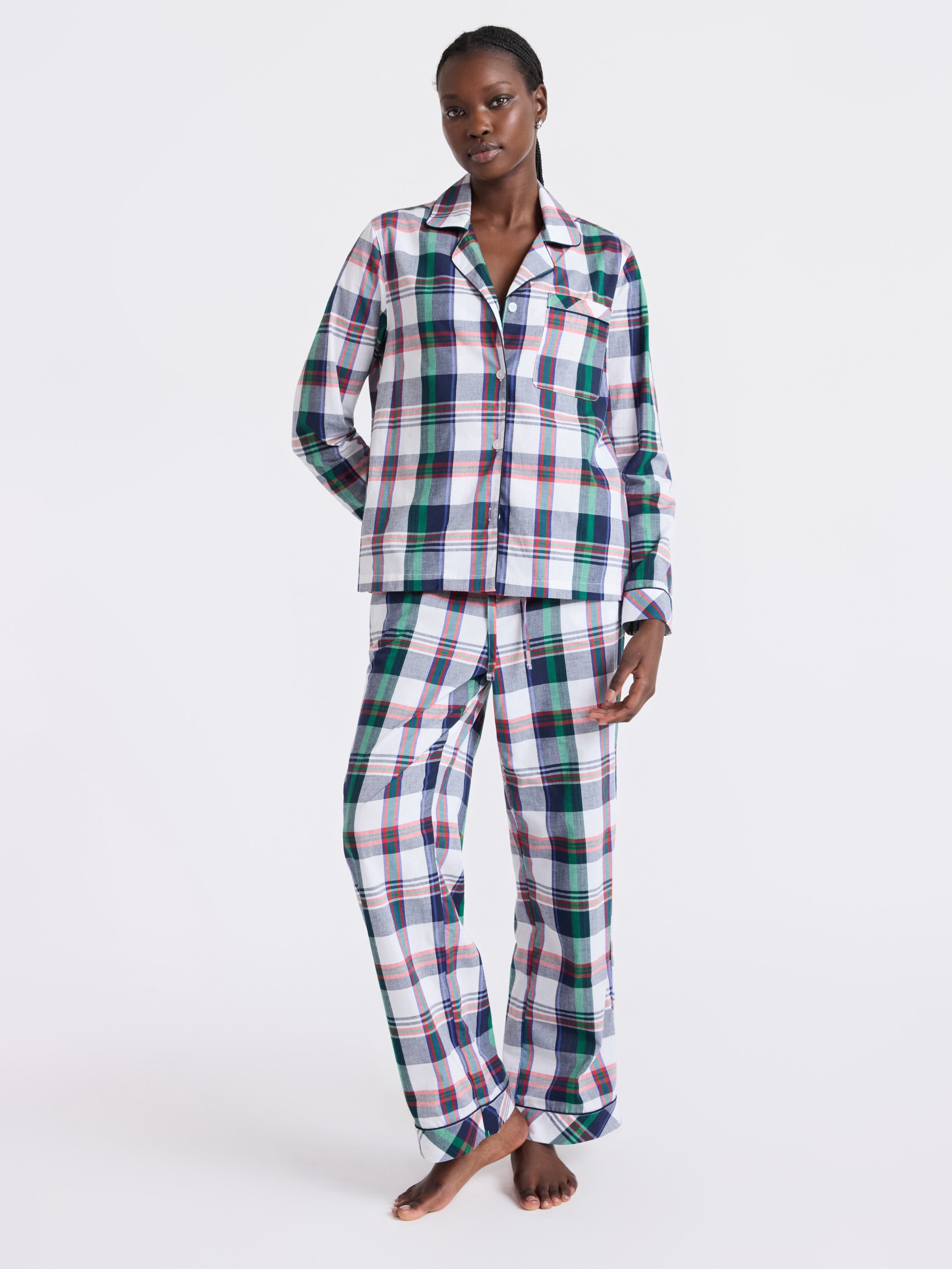 Free Assembly Matching Family Pajamas Women's Cotton Plaid Notch Collar Top and Pants Gift Set, 2-Piece, Sizes XS-3X