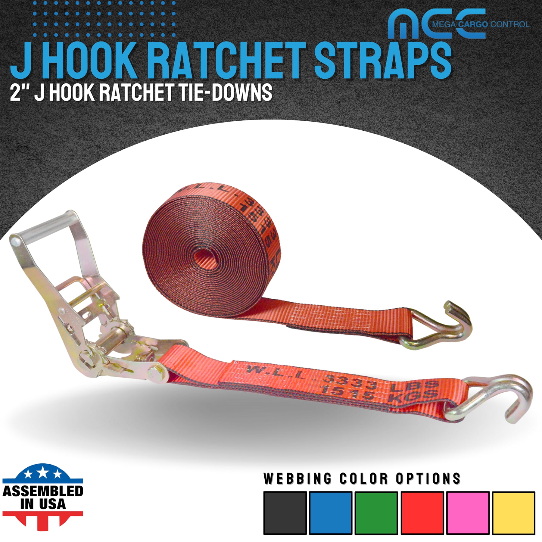 Mega Cargo Control USA Heavy Duty 2" x 60' Ratchet Strap J Hook Flatbed Truck Farm Tie Down 2 Pack
