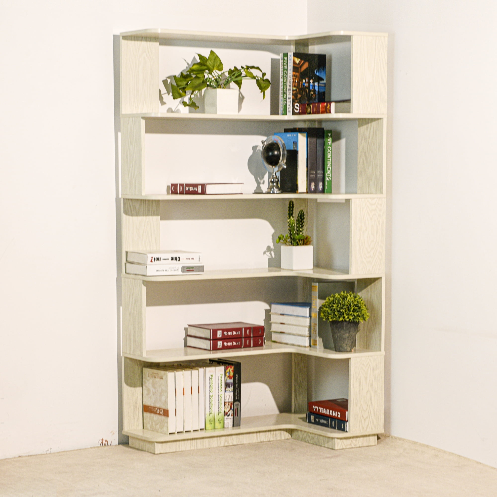 Leumius 5 Tier Freestanding Bookshelf,Wooden L-Shaped Corner Bookcase with Anti-drop Panel and Anti Tipping Device, Display shelf Open Storage,White