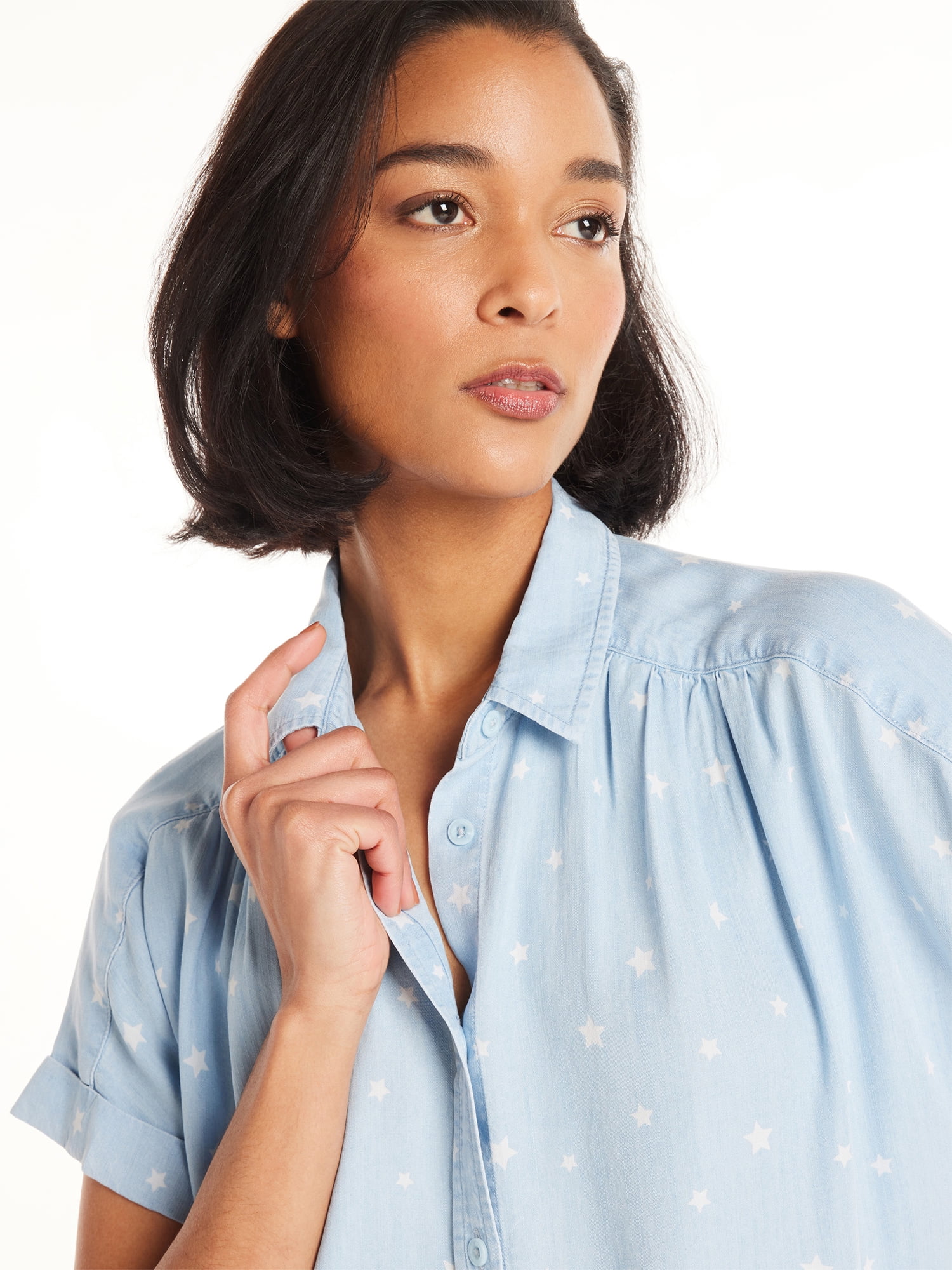 Time and Tru Women's Button Down Camp Shirt with Roll Cuff Sleeves, Sizes XS-XXXL