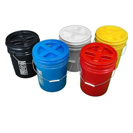 Bucket Kit, Five Colored 5 Gallon Buckets with Matching Gamma Seal Lids (one each: blue, red, yellow, white, black)