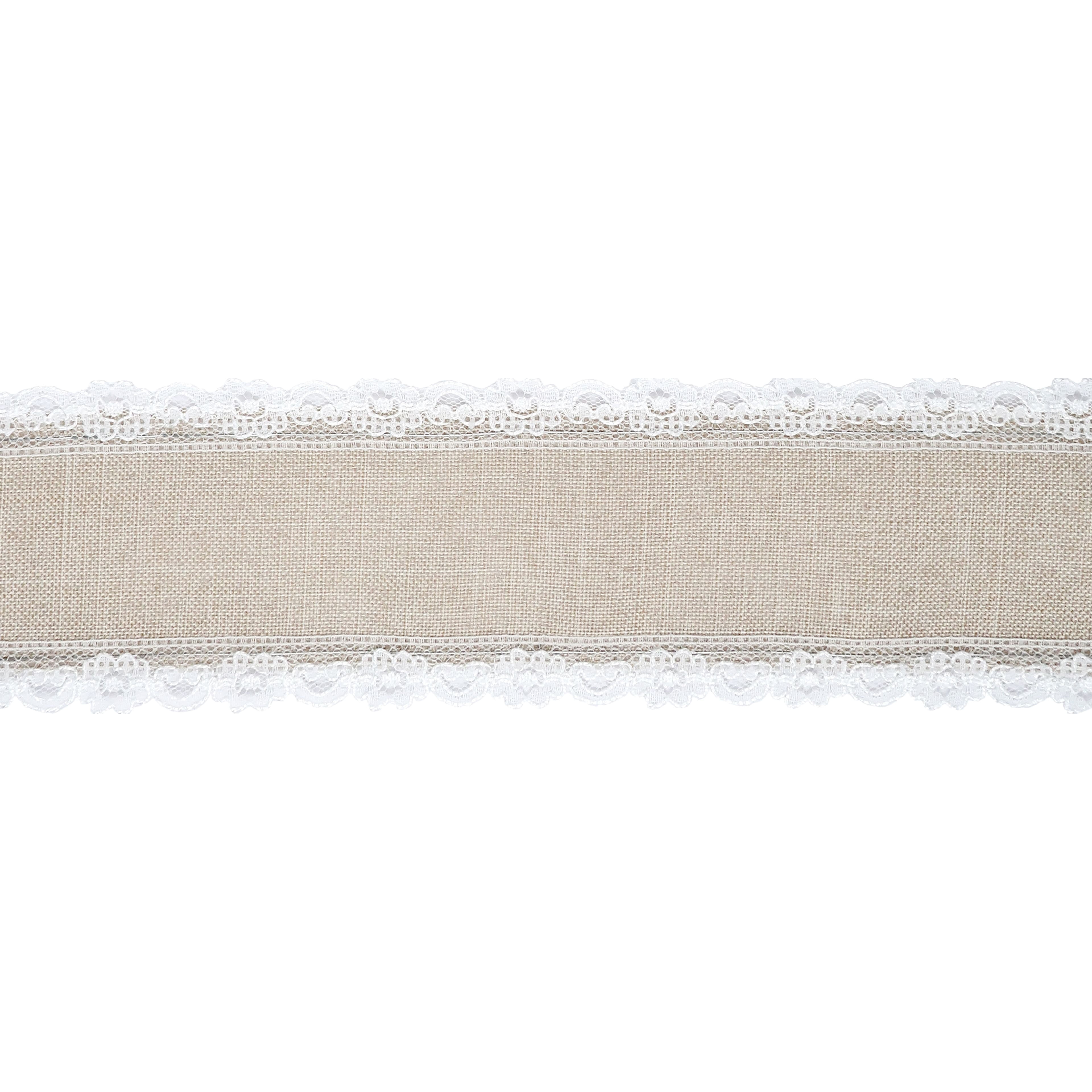 2.5" x 3yd. Faux Linen & Lace Wired Ribbon by Celebrate It – Natural - Sonic Welded Selvage - Polyester & Nylon – Ideal for Gift Wrapping - Baskets & Rustic Decor - 12 Pack
