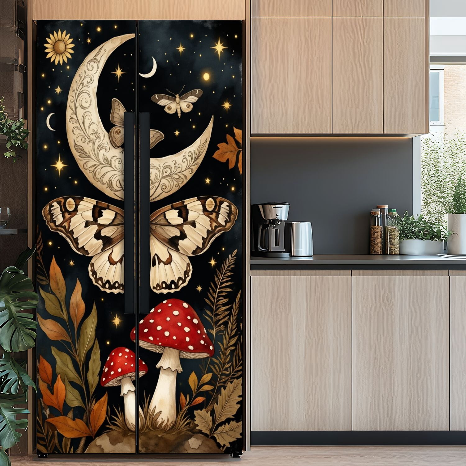 Self Adhesive Vinyl Refrigerator Wrap Set Mystical Night Sky Butterflies Crescent Moon Red Mushrooms Door Mural Removable Fridge Sticker Peel and Stick&nbsp;Full Door Cover Decal Kitchen Bar Decor