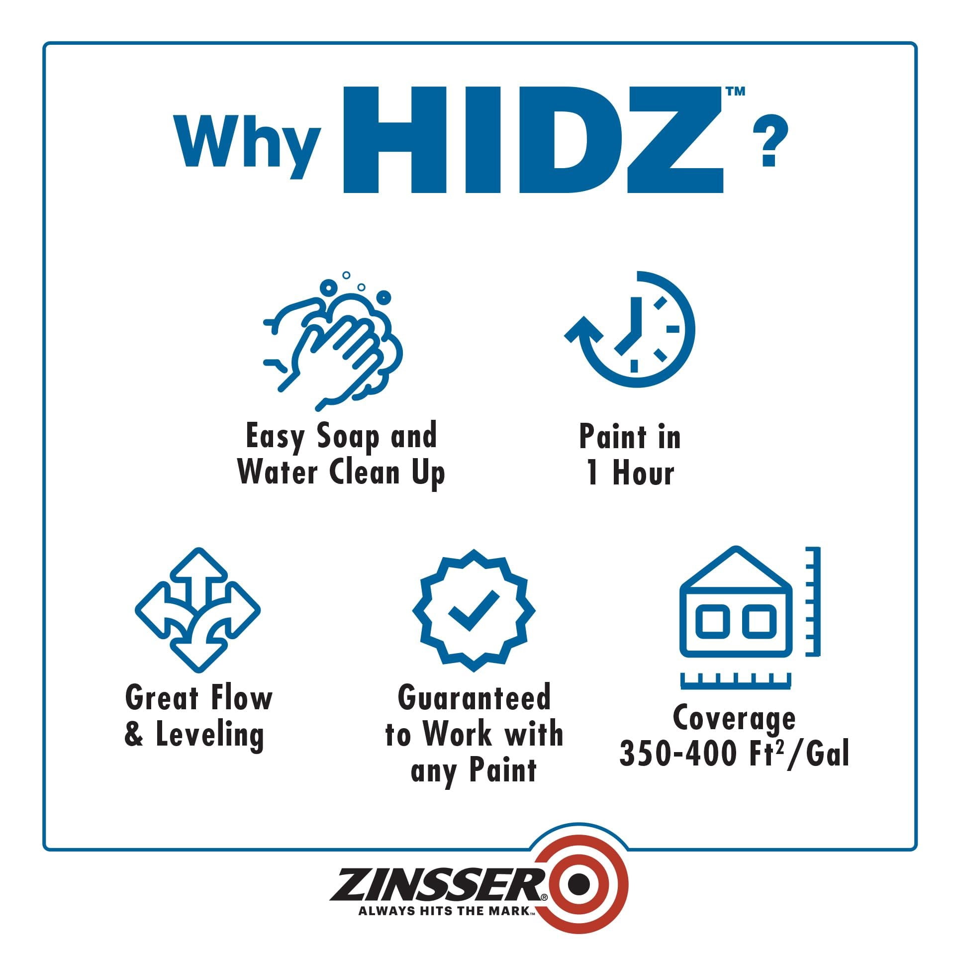 Zinsser 373693-4PK HIDZ Multi-Purpose Primer and Sealer, Quart, Flat White, 4 Pack