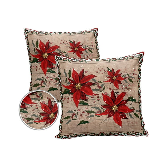 Pack of 2 Outdoor Pillow Covers, Christmas Flower Poinsettia Red Floral Border Wood Grain Waterproof Square Throw Pillowcase Cushion Decorative Pillow Covers for Couch Patio Tent, 20x20 in