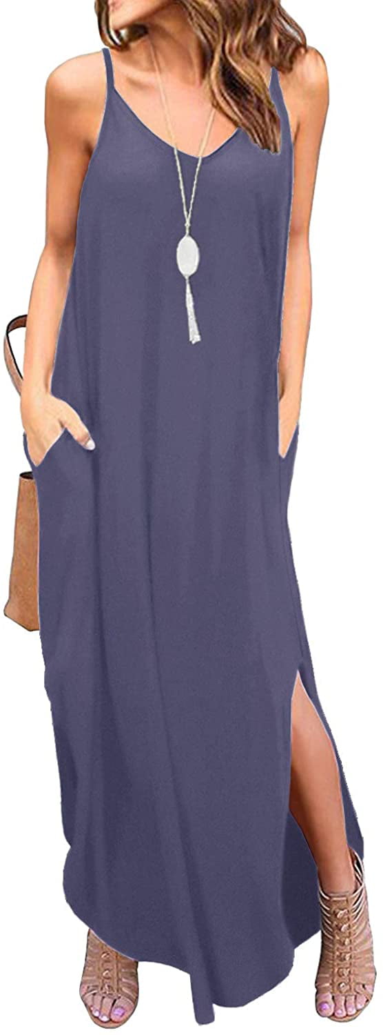 Womens Sleeveless Loose Plain Maxi Dresses Casual Long Dresses with Pockets Casual Beach Party Cami Sundress 