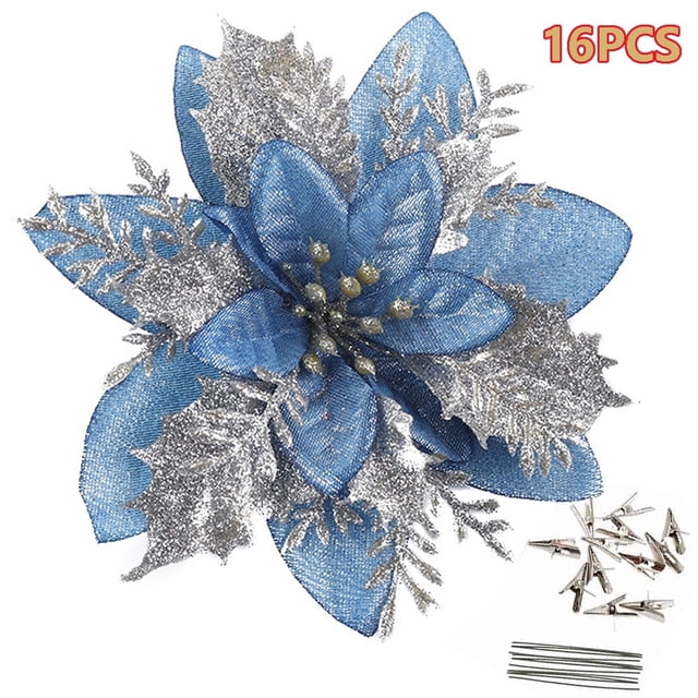 16 piezas de 5,5 pulgadas de adornos para árbol de Navidad, flores artificiales de Pascua doradas y rojas, adornos brillantes para árbol de Navidad, coronas para fiestas de Navidad, bodas y bricolaje