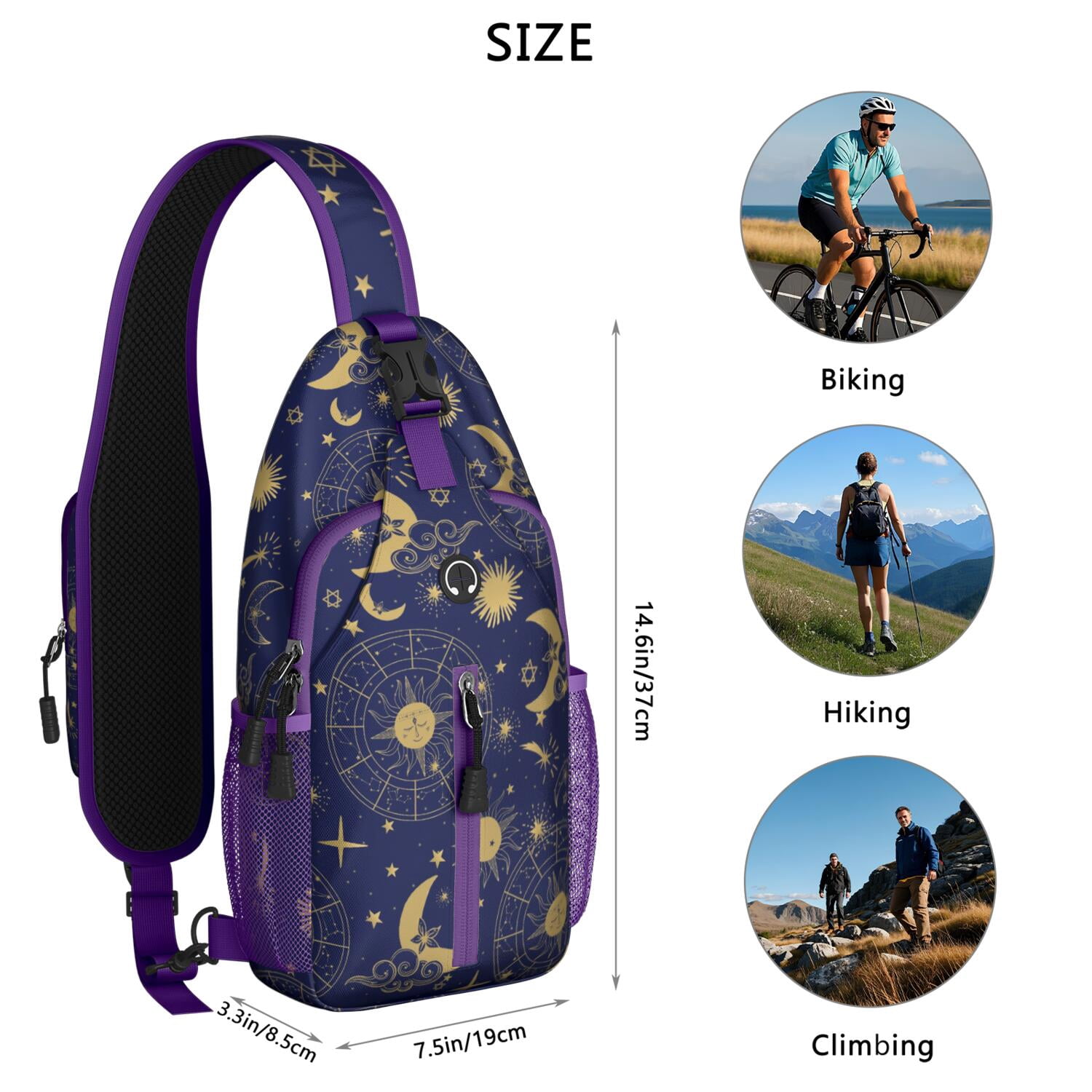 Gothic Celestial Sling Backpack with Dark Sun and Moon Art  display picture 2