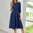 thumbnail image 2 of Evdexr 3/4 Sleeve Fit and Flare Dresses for Women Solid Color A Line Flowy Dress Crew Neck Casual Midi Dress with Pockets Navy M, 2 of 5