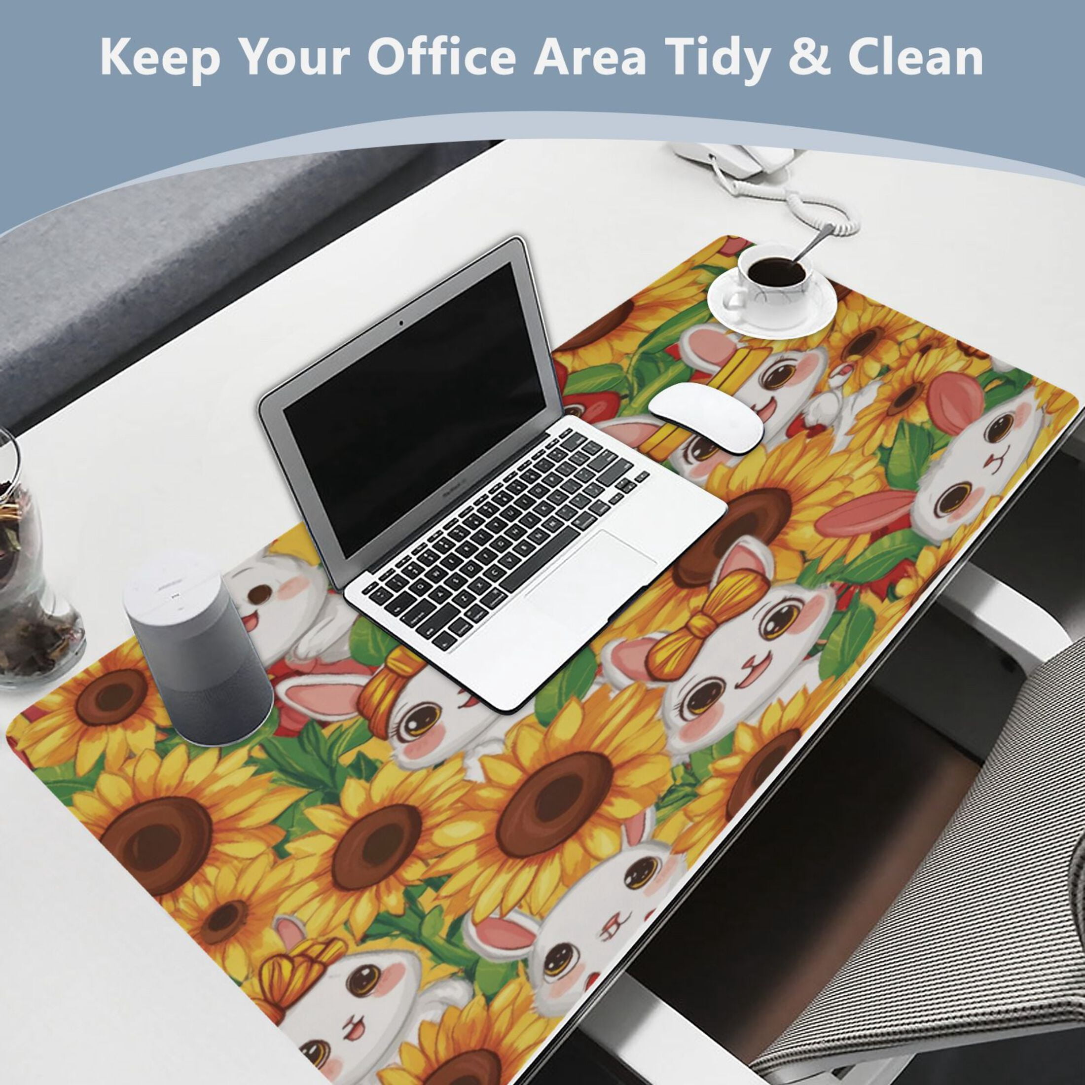 Leather Keyboard and Mouse Desk Mat Office Desk Accessories Protective Office Desk Decor Desk Pad Mat for Gaming, Work from Home, Office Bunnies and Sunflowers 16.5" x 35.4"