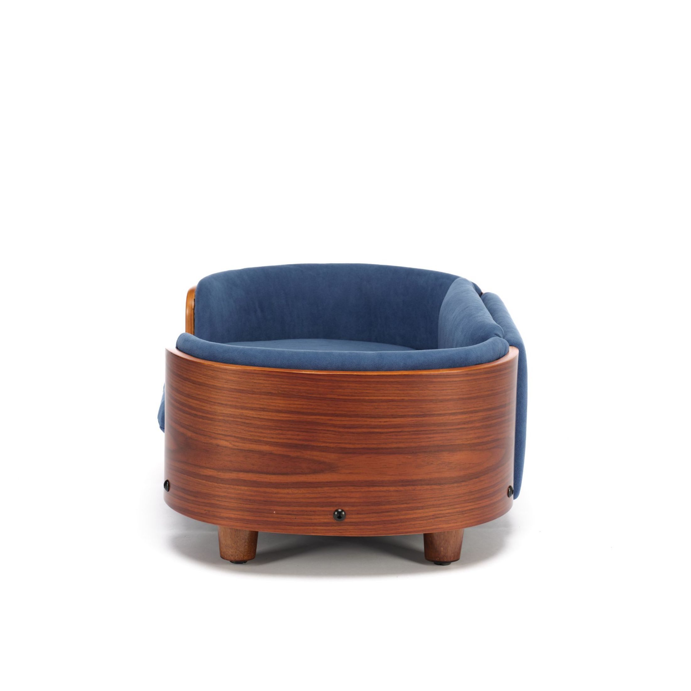 Noble House Scandinavian Elevated Small Dog Bed, Pet Sofa with Solid Wood Frame, Dark Blue and Walnut