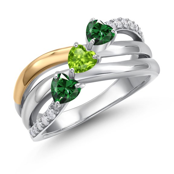 Gem Stone King 925 Silver and 10K Yellow Gold Green Nano Emerald and Green Peridot and Lab Grown Diamond Engagement Ring for Women | 1.19 Cttw | Heart Shape Gemstone May Birthstone | Size 5