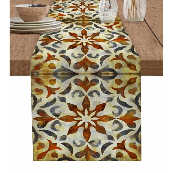 Orange Grey Boho Table Runner 36 Inches, Retro Flowers Impressionist Abstract Bed Runner Dresser Scarves Tabletop for Indoor Outdoor Parties/Ceremony/Banquet, 13"x 36"