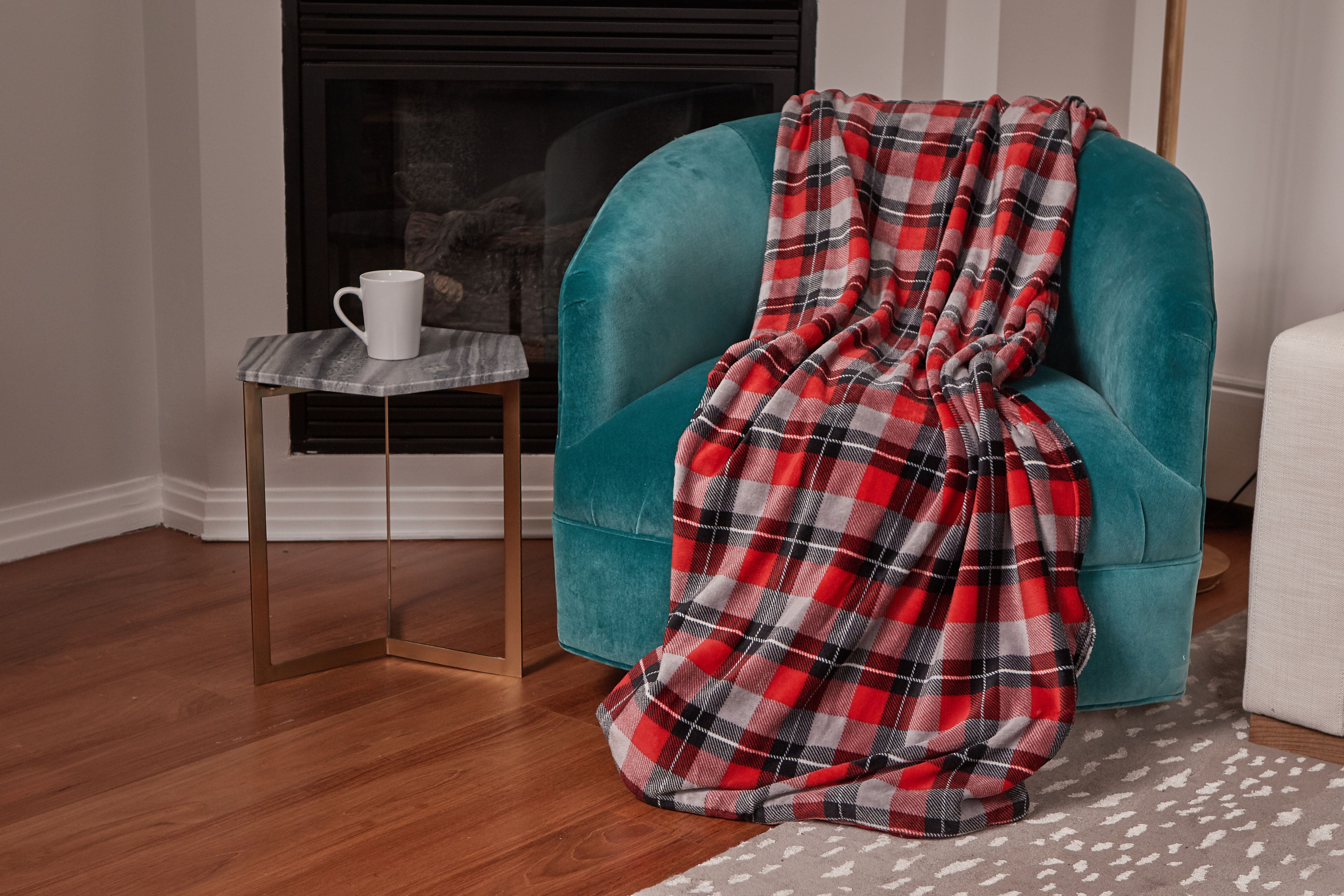 Cuddl Duds Oversized Throw Blanket with a Sherpa Foot Pocket, 50" x 70", Gray and Red Plaid