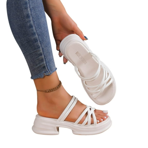 Lovskoo 2024 Women's Slippers Summer Open Toe Thick Sole Outside British Comfortable Sandals White