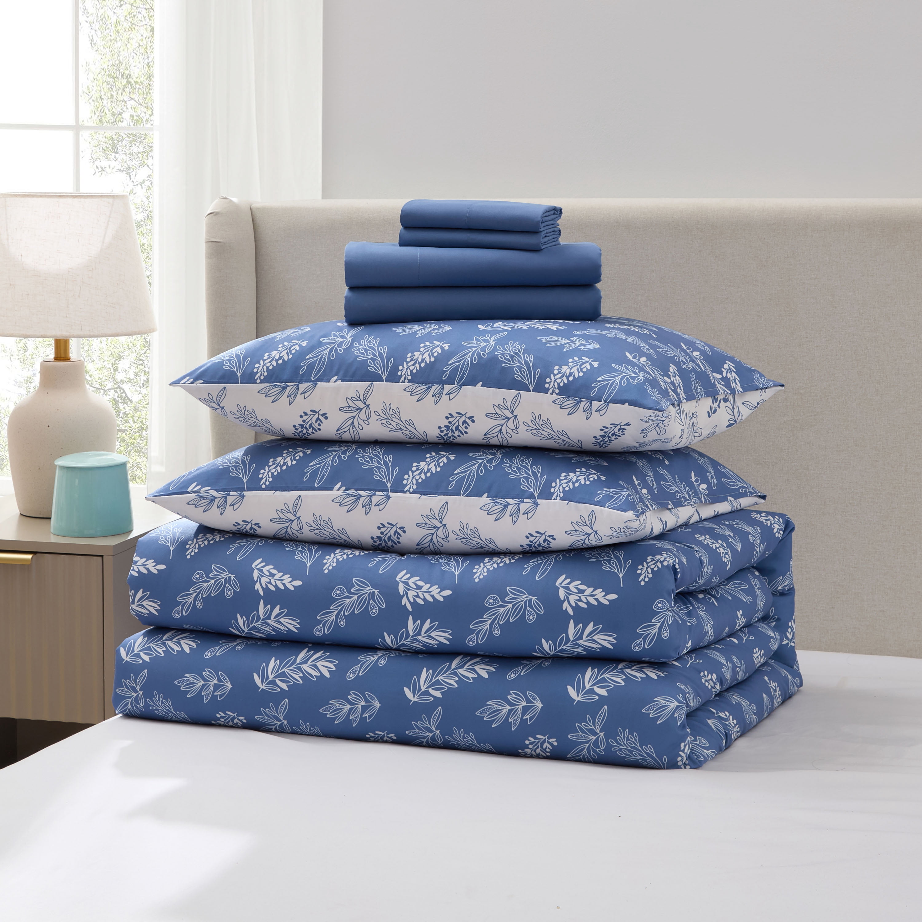 LammaLoe King Size Comforter Set, 7 Piece Botanical Bed in a Bag , Reversible Bedding Comforter Set with Sheets, Modern Bed Set, StateBlue/Cloud Stone