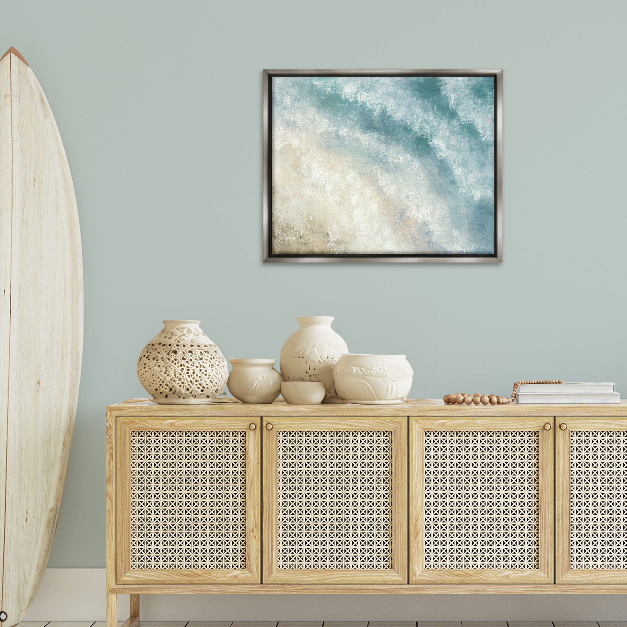 Stupell Industries Aerial Shore Foamy Waves Nautical & Beach Painting Gray Floater Framed Canvas Art Print Wall Art, 31 x 25