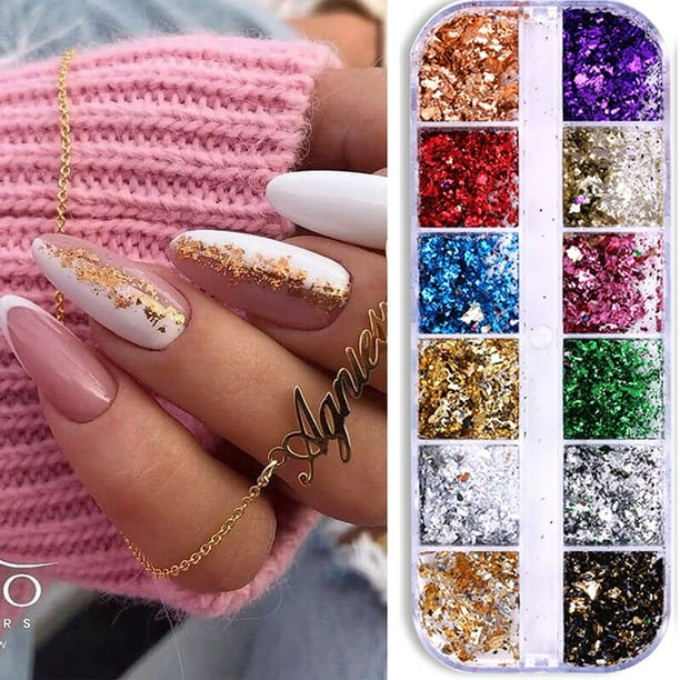 Lentejuelas de papel de aluminio para uñas, copos de brillo irregulares dorados y plateados, polvo cromado para manicura, decoraciones de invierno Tan Jianjun unisex