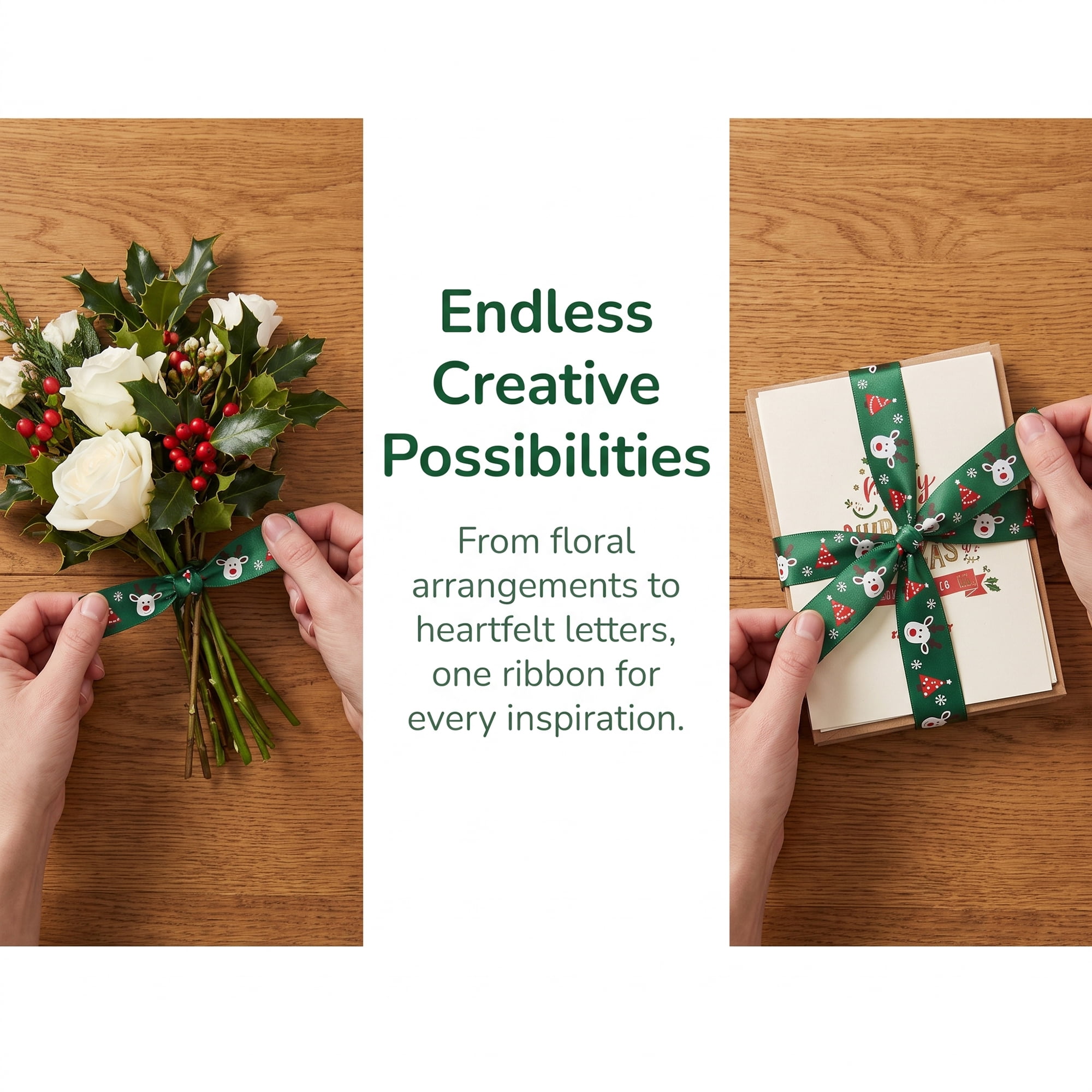 Unique Bargains Premium Fabric Ribbon for Gift Wrapping Green Reindeer Pattern 5.5 Yard