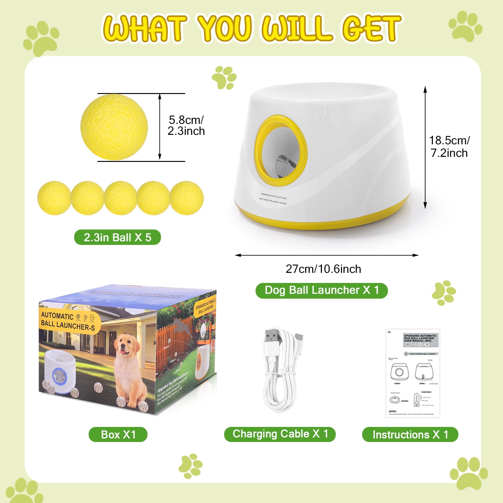 Eurhowing Automatic Ball Launcher for Dogs, Interactive Fetch Machine with 3-Level Distance(20-46ft) & 5 Balls, Dog Ball Thrower for Indoor & Outdoor Play, Yellow