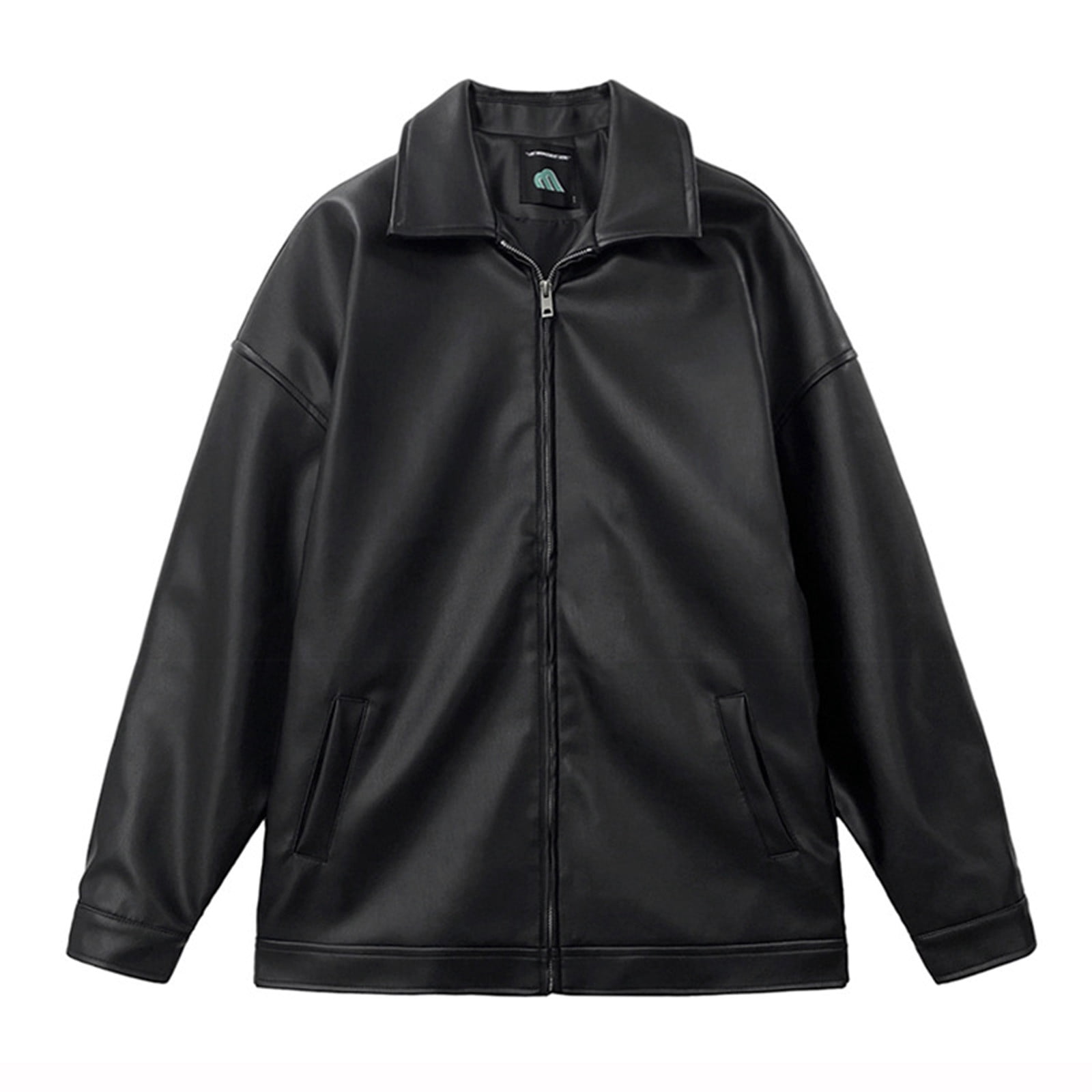 Faux Leather Jacket for Men Long Sleeve No Hood Lapel Full Zip Coat Motorcycle Vintage Casual Lightweight Outwear Pockets (XXL, Black)