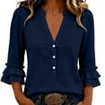 thumbnail image 2 of ClodeEU Women's V Neck 3/4 Sleeve Linen Blend Henley Button Blouse with Ruffle Cuffs ,Casual Loose Fit Vintage Top Navy,Women's Plus M, 2 of 6