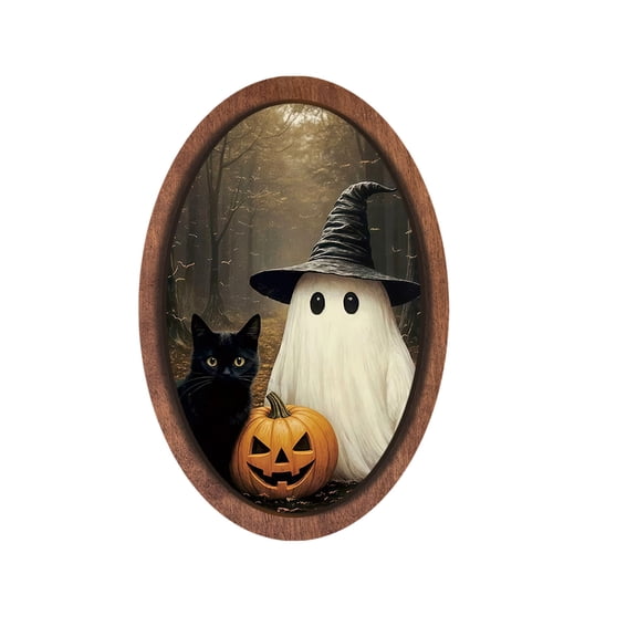 Elainilye Vintage Halloween Framed Wooden Print Spooky Ghost Picture Wall Hanging Decor for Living Room Bedroom Indoor Outdoor Home