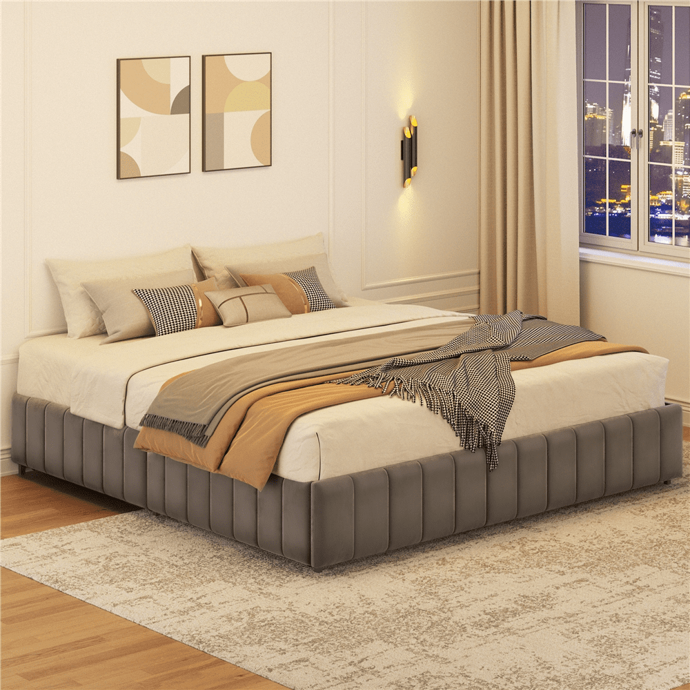 Renwick Upholstered King Size Bed Frame with 4 Storage Drawers, Dark Gray, Adult