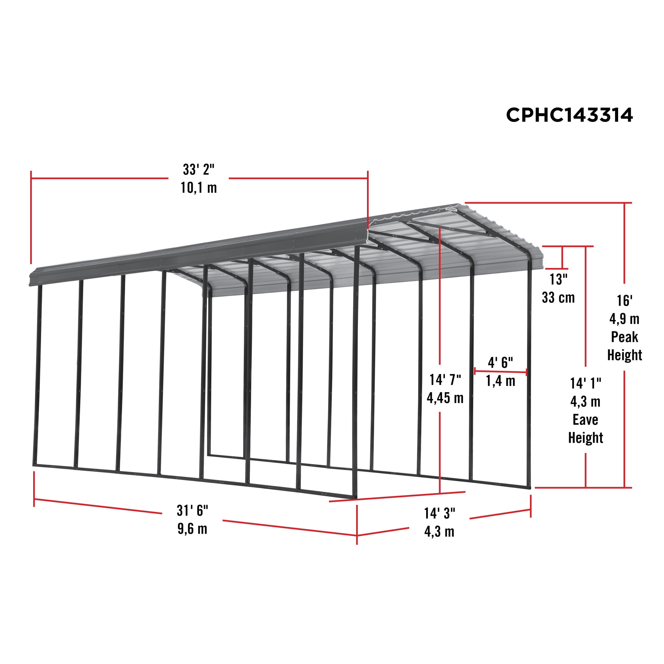 Arrow 14 x 33 x 14 ft Charcoal RV Carport