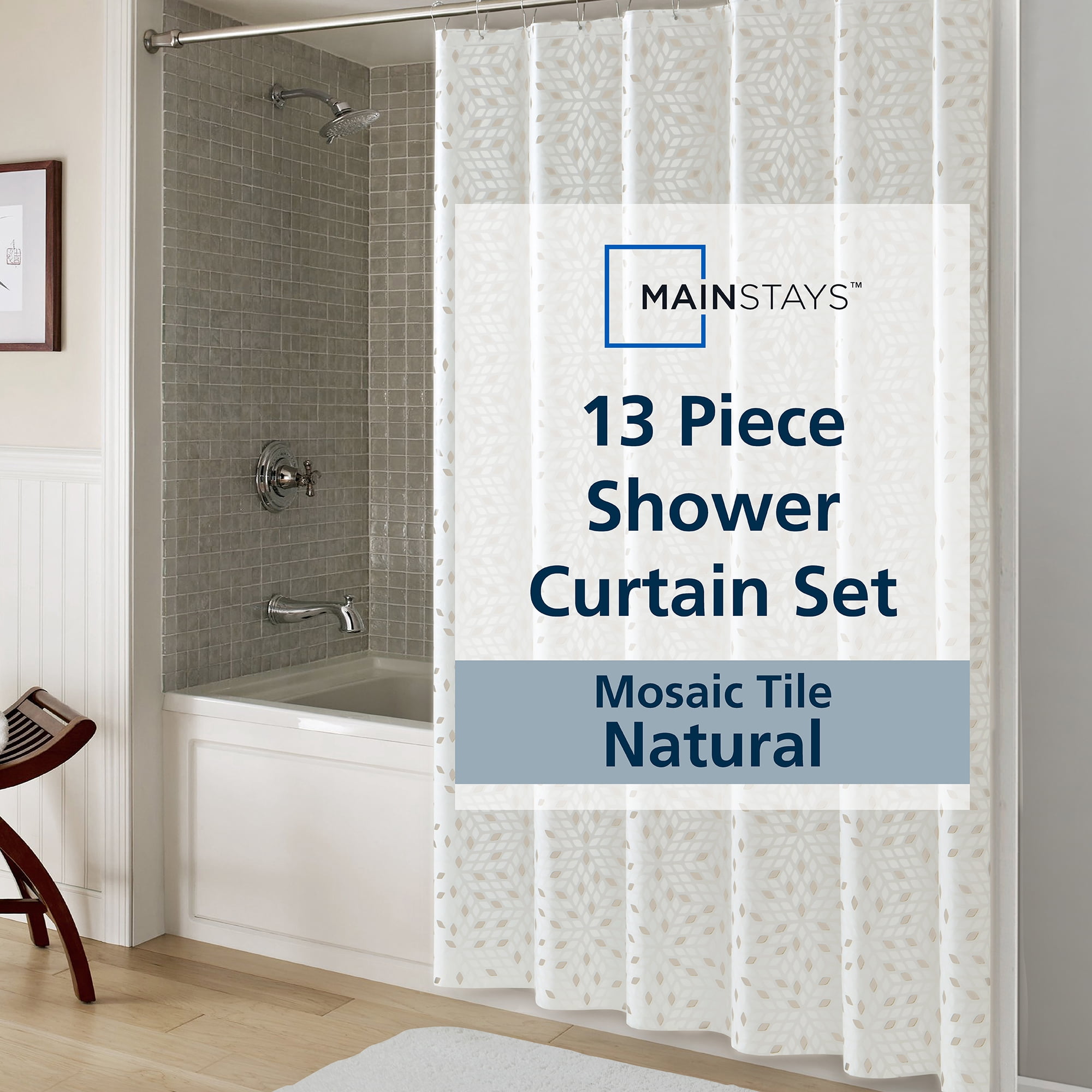 Mainstays Printed PEVA Shower Liner Set, 12 Metal Hooks 70"x72" - Beige Mosaic Diamond