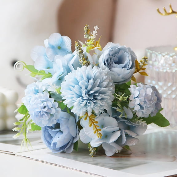 Artificial Flower Bouquet with Peonies and Hydrangeas,Dusty Blue, 12.6 Inch, for Dining Table Centerpiece, Home Decoration