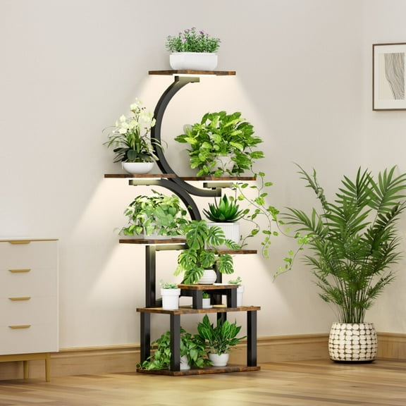 Oufan 62" Plant Stand Indoor with Grow Lights - 8 Tiered Plant Shelf Indoor, 10-Level Stepless Dimming, Metal Tall Plant Flower Holder, S-Shaped Plant Rack for Home, Patio, Brown