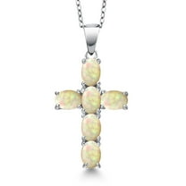 Gem Stone King 925 Sterling Silver White Ethiopian Opal Cross Pendant Necklace for Women | 1.92 Cttw | Gemstone October Birthstone | Oval Cabochon 6X4MM | With 18 inch Chain