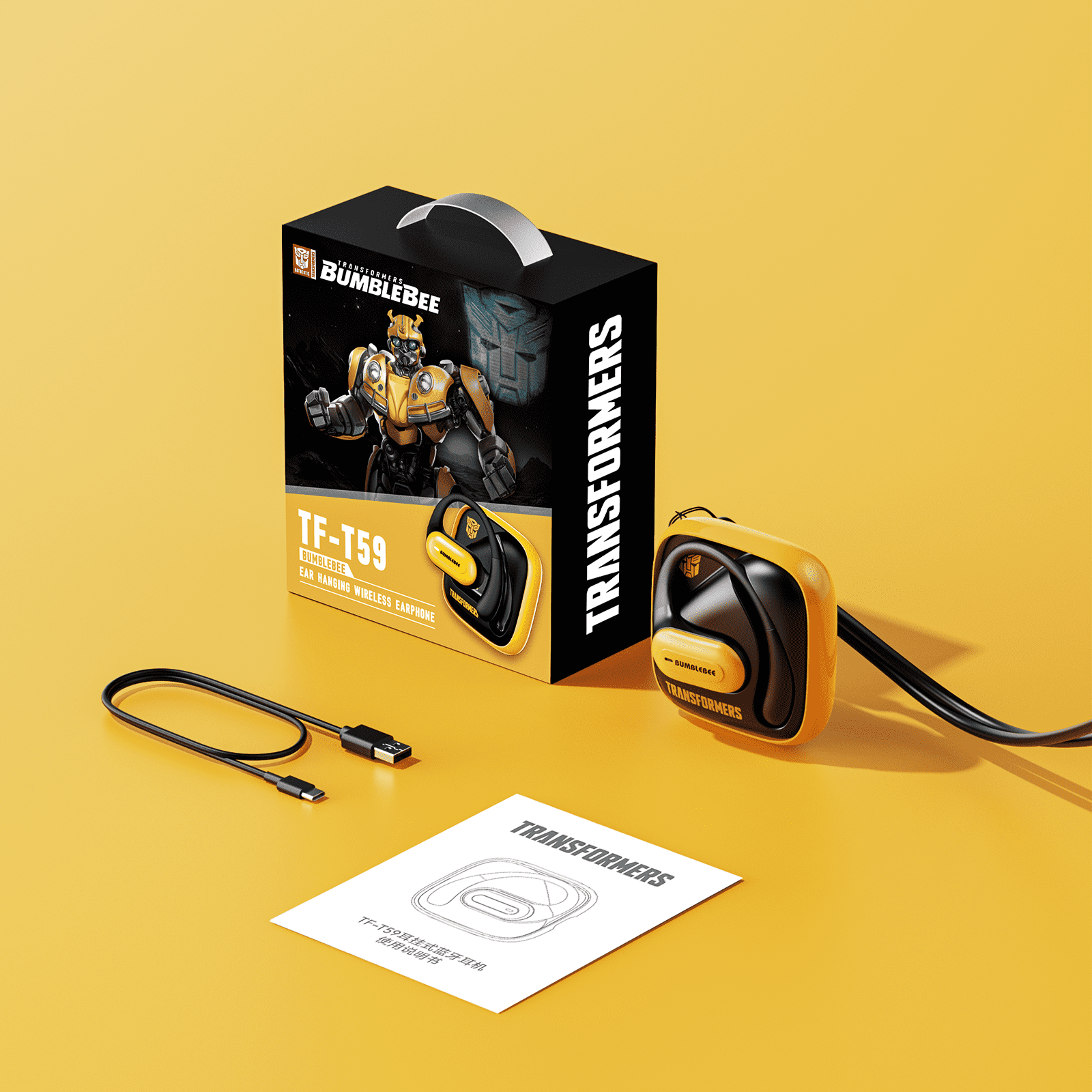 Transformers TF-T59 Ear-Hook True Wireless Bluetooth Earbuds with Mic, Low Latency Game/Music Modes, 13mm Drivers, Secure Fit Sport Headphones, IPX5 Waterproof Deep Bass Sound – Bumblebee Yellow