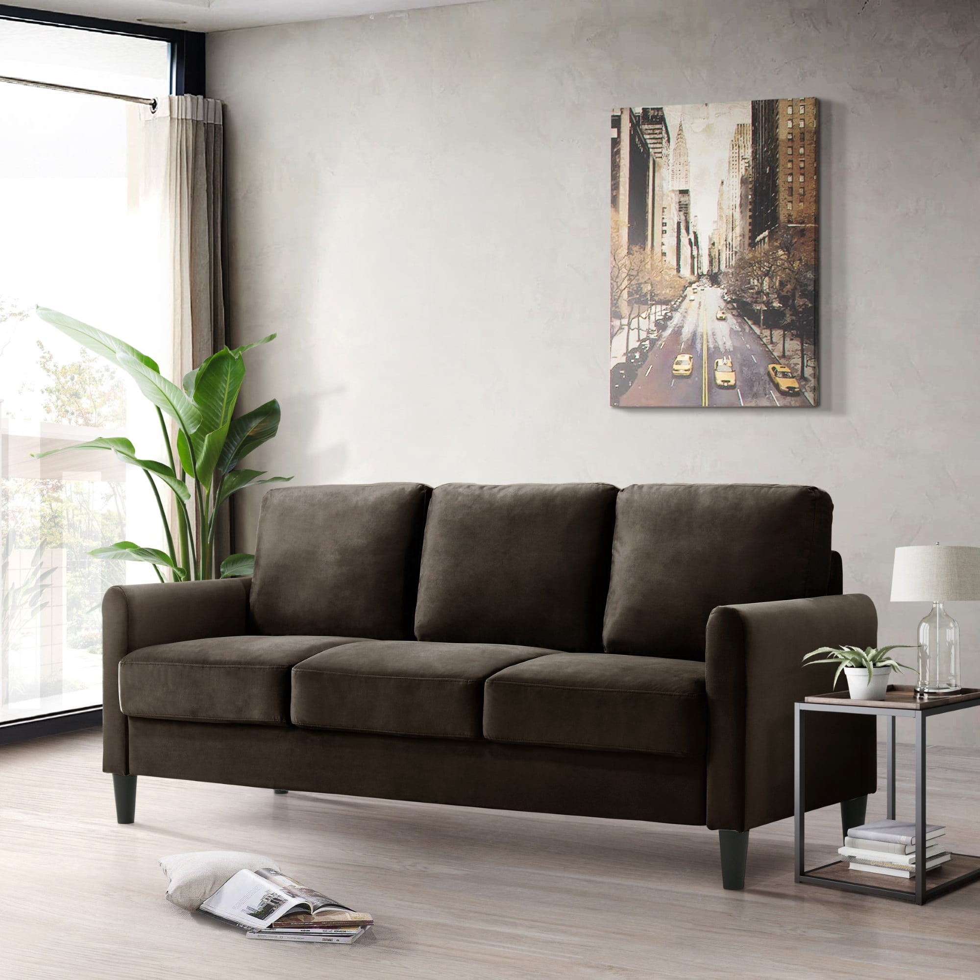 Home Design Airell Velvet Arm Sofa with Plush Armrests and Sleek Black Legs, Modern Upholstered Design for Living Room, Brown