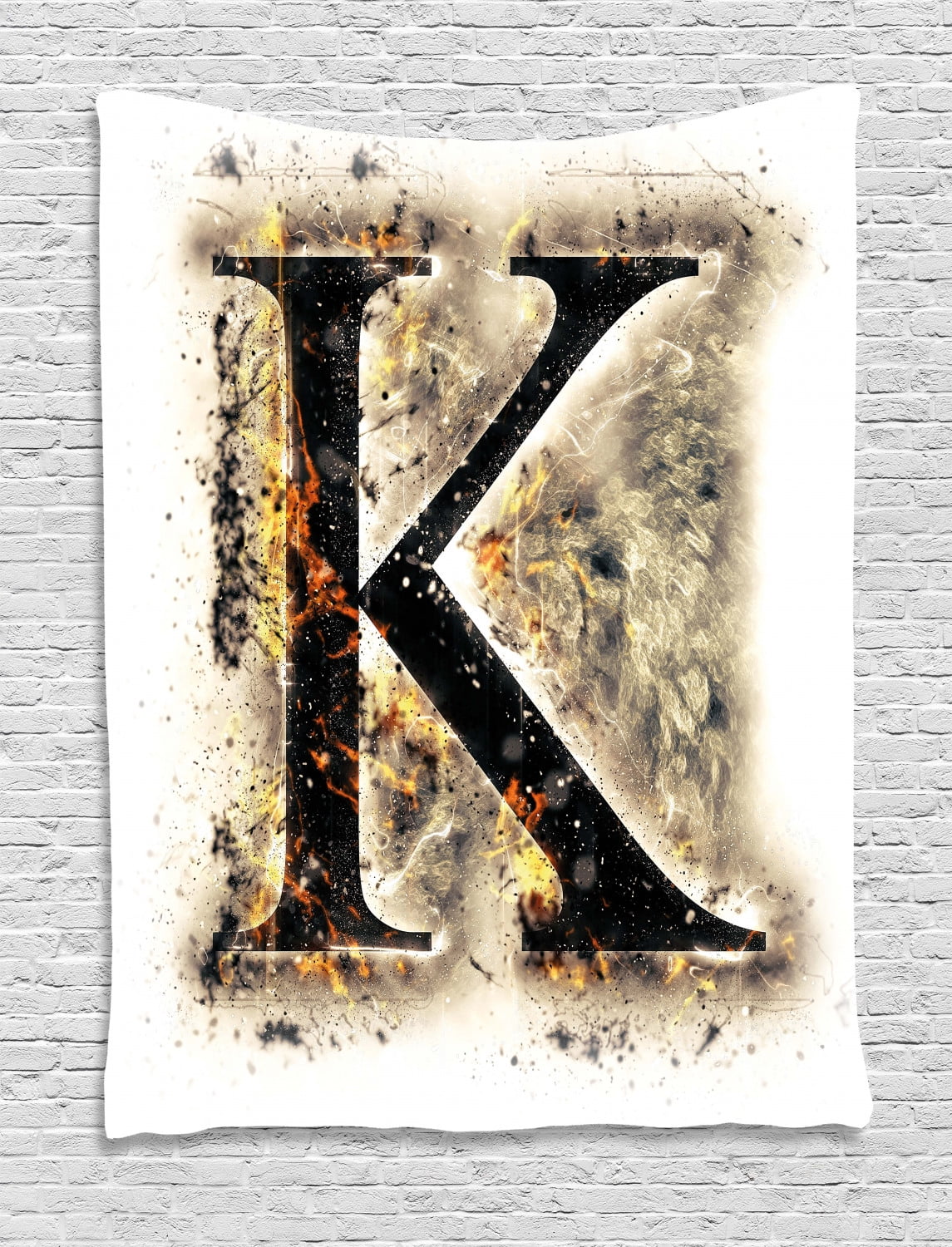 Letter K Tapestry, Smoked Letter K Alphabet in Blaze with Grunge Design
