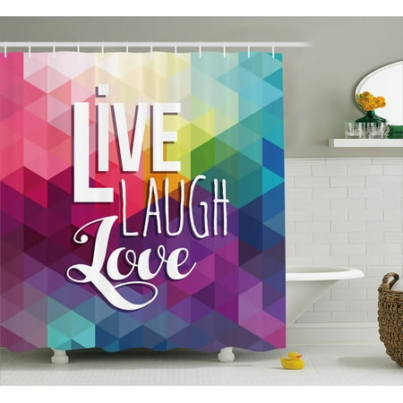 Live Laugh Love Decor Shower Curtain Geometric Colorful Backdrop Live Laugh Love Decor Shower Curtain Geometric Colorful Backdrop Polygonal Mosaic Hiness Quote Words