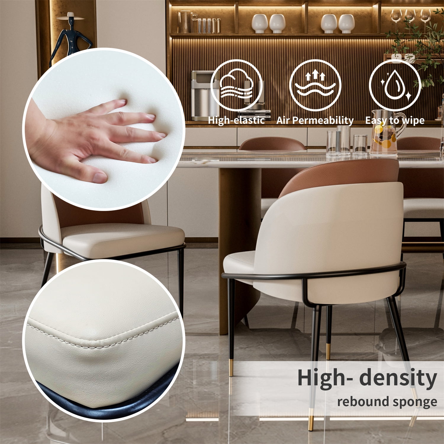 Wisfor Set of 2 Wider Dining Chairs Soft Sponge Filling PU Leathered Kitchen Chairs, Colour Reddish Brown & Beige
