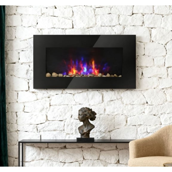 S-HOME Wall-Mounted Electric Fireplace, 7-Color Flame, 1450W Heater, Remote Control, for 400 Sq.Ft, Black