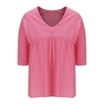 thumbnail image 6 of Clearance under 10$ Sevevn Women's Solid Color Blouses Raglan Mid Sleeve V-Neck Patchwork Pleated Top Summer Clearance Pink XXXXXL, 6 of 7